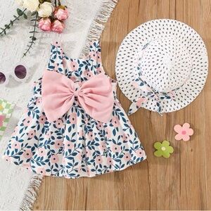 2pcs Floral Print Bowknot Sleeveless Baby Dress & Hat Set Pink
